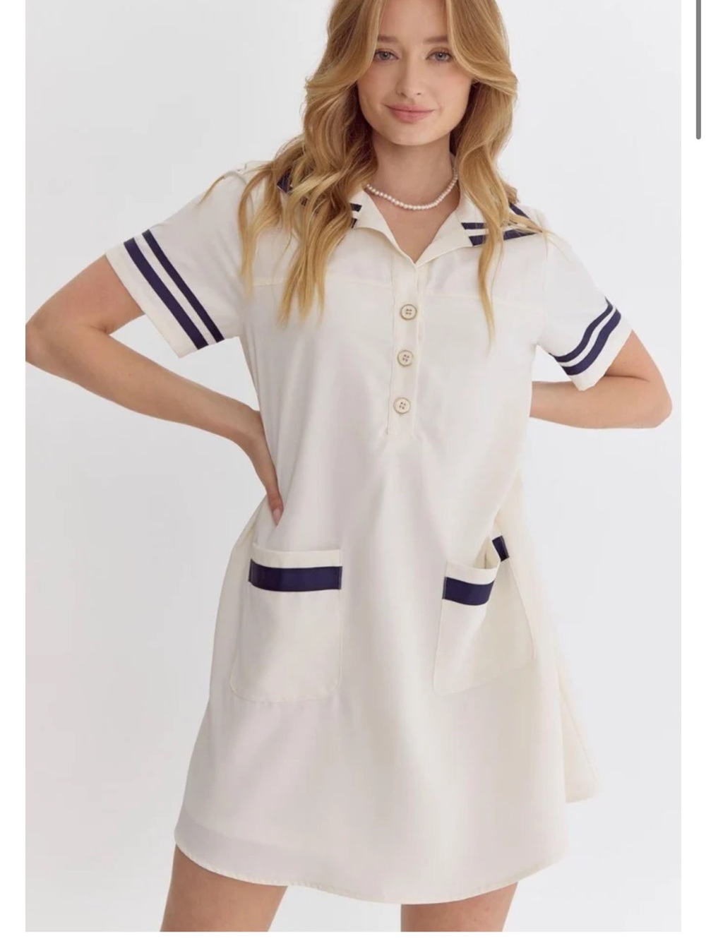 Entro Classic Cream Polo Dress with Navy Trim